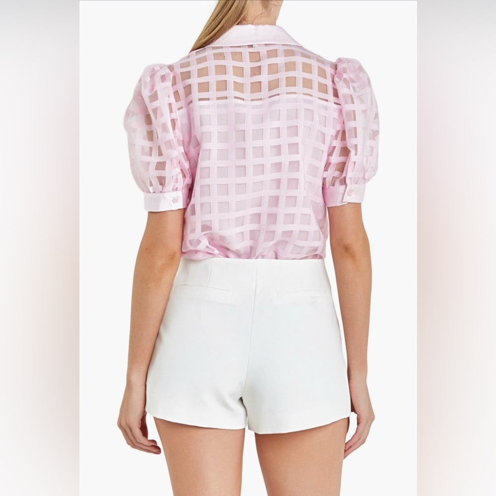 English Factory Pink Sheer Grid Button-Down Blouse - Picture 3 of 16